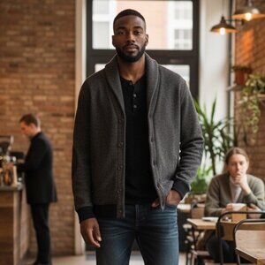 Marc Anthony Sz XXL Dark Gray Button Up Shawl Elbow Patch Mens Cardigan Sweater